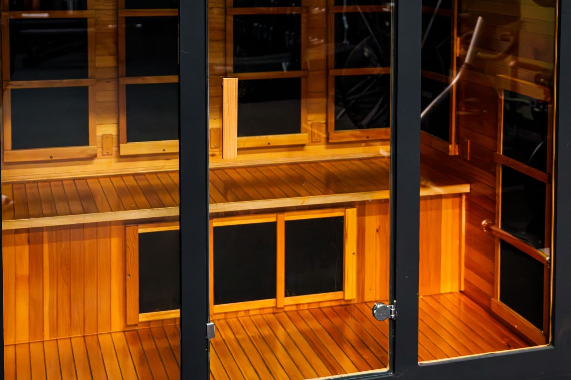 Interior of an infrared cedar sauna with carbon heater panels